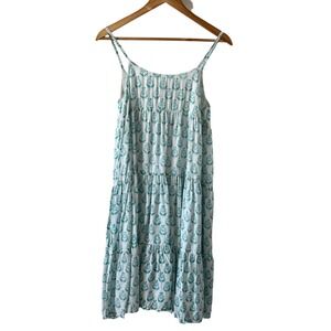 J. Marie Blue Block Print Tiered A Line Midi Dress SZ XS Boho Flowy Beach